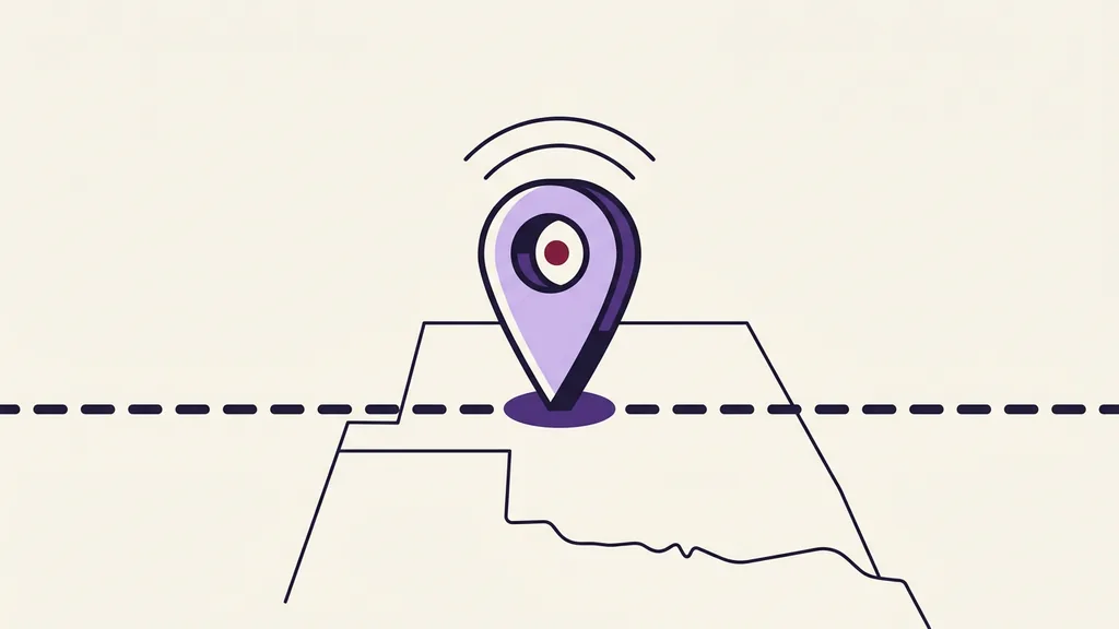 A map pin standing on a dashed boundary line under a signal arc